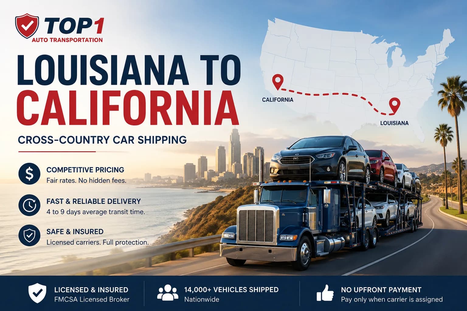 Shipping a car from Louisiana to California — cost, timeline, and what to expect