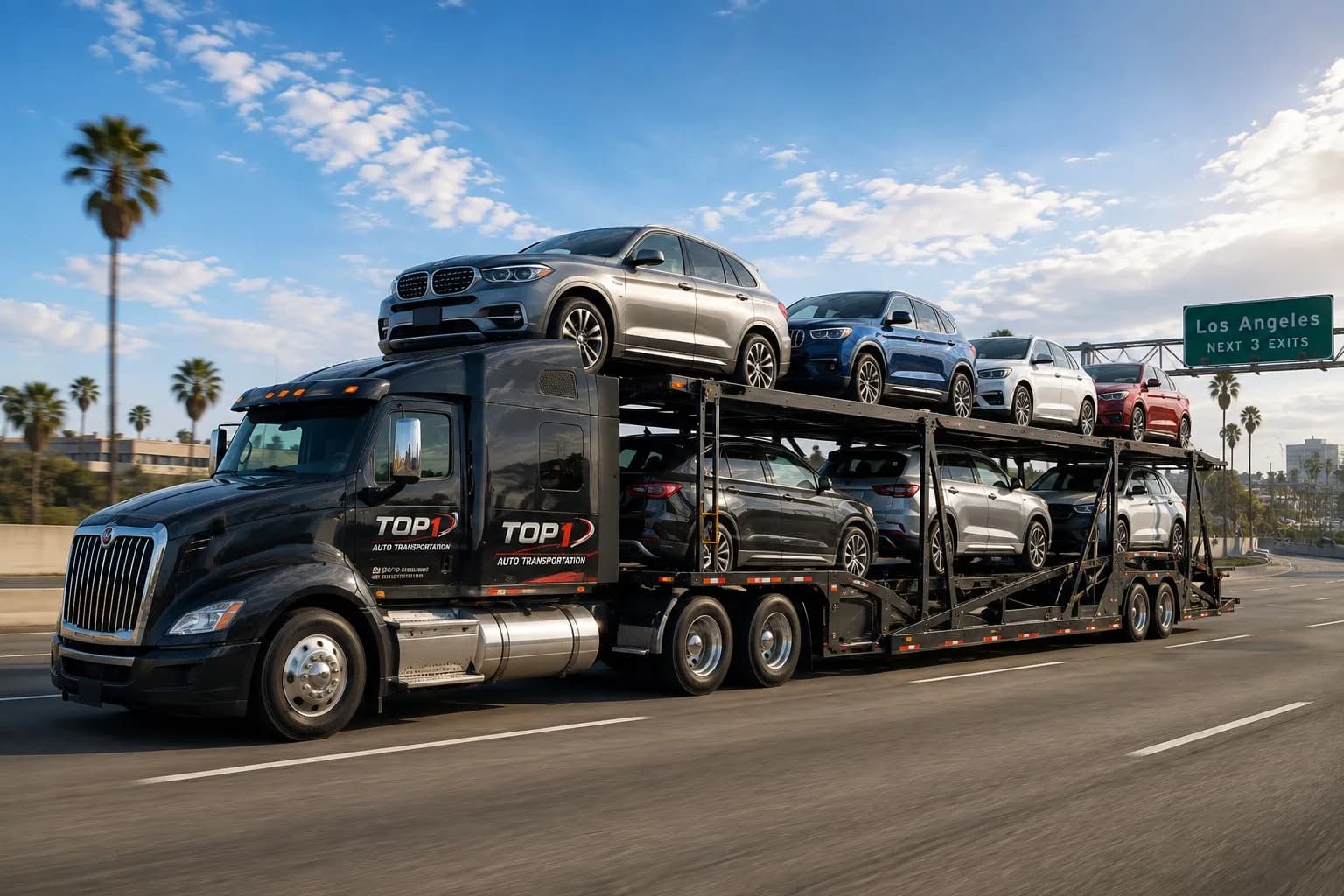 Top1 Auto Transportation black car carrier truck shipping SUVs toward Los Angeles on a California highway