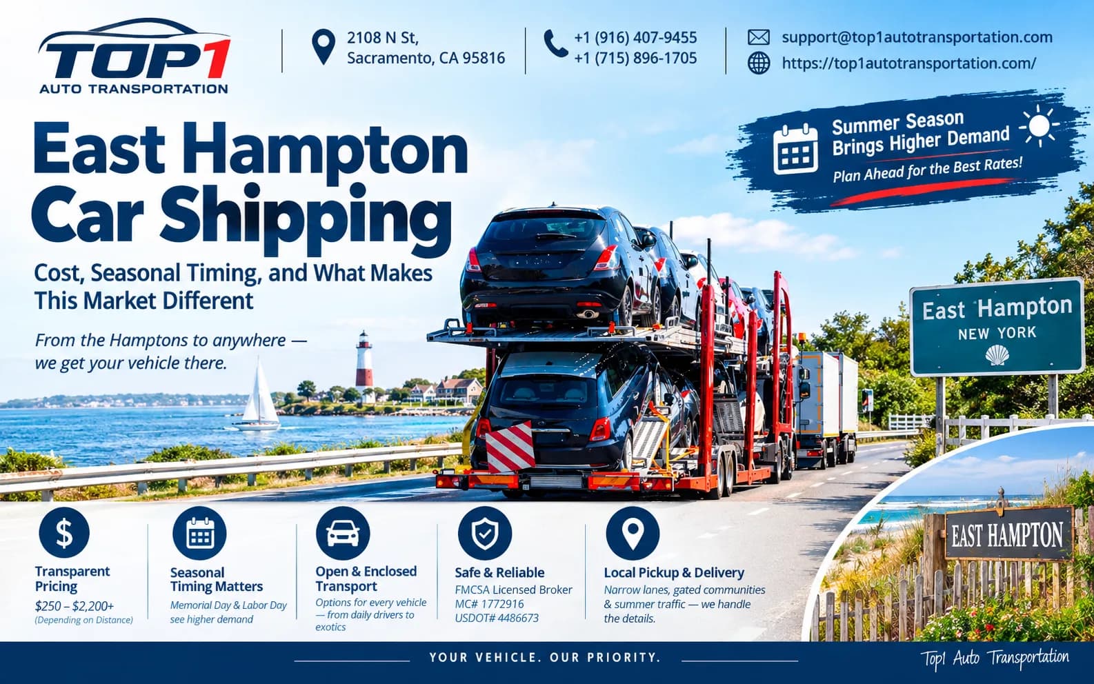 East Hampton car shipping — cost, seasonal timing, and what makes this market different