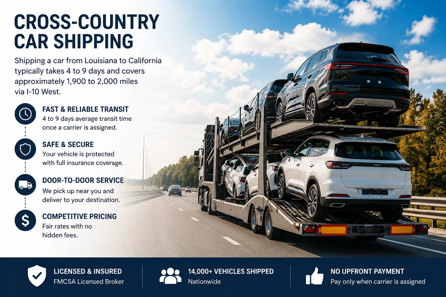 Louisiana to California car shipping — cost, timeline, and I-10 West route overview