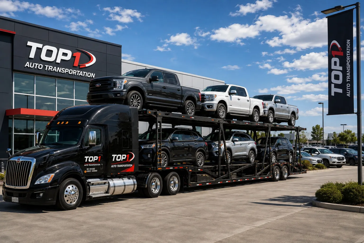 Open auto transport carrier loaded with vehicles for interstate car shipping